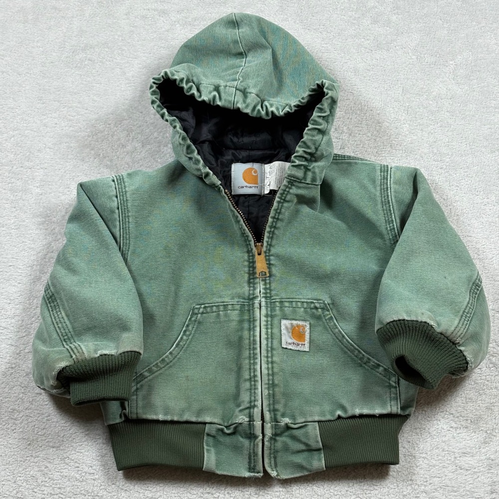 Vintage Carhartt JQ494 Jacket Toddler 3T Green Faded Duck Canvas Hooded USA